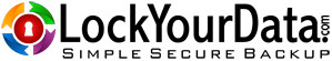 Logo for Lock Your Data. Text reads, "Lock Your Data .com Simple Secure Backup"